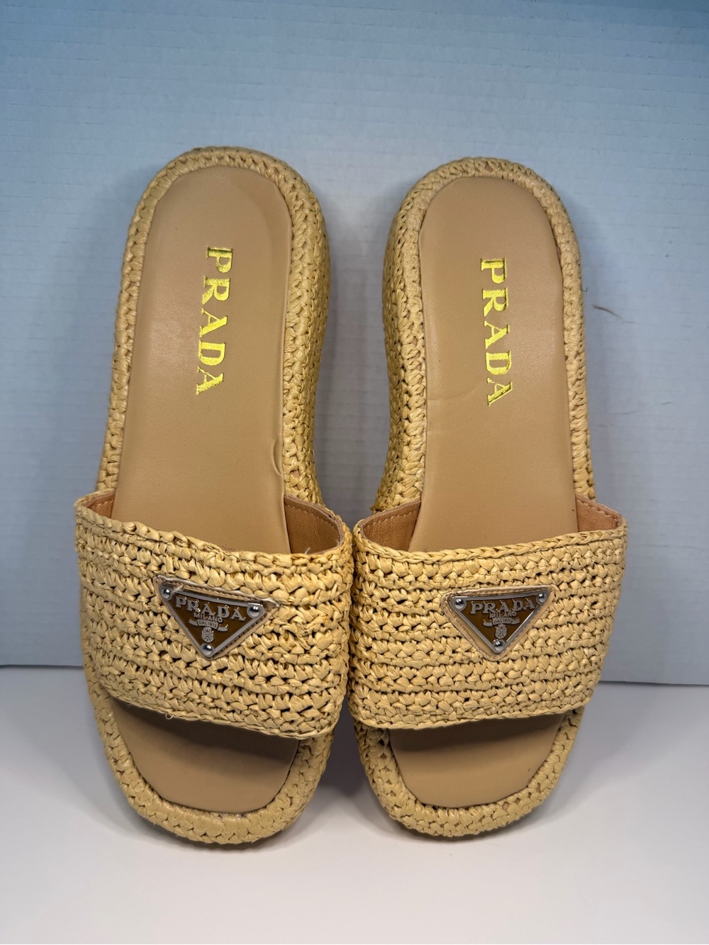 Prada Raffia Platform Slide Sandals with Triangle Logo Size 10 - Picture 2 of 6